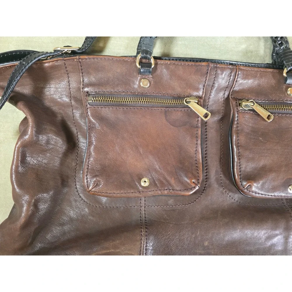 Gryson Joy Brown Black Leather Satchel Bag Made in Italy Moto Cargo Large